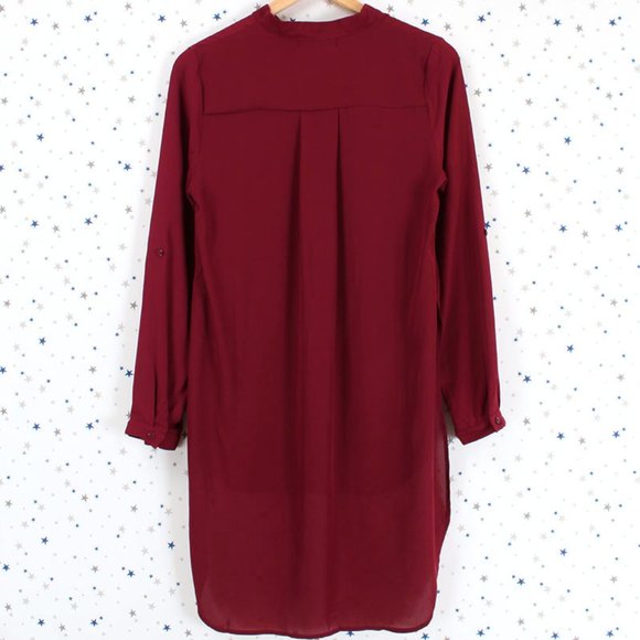 Woven Chiffon Button Up Hi Lo Blouse Shirt Burgundy - Picture 2 of 8